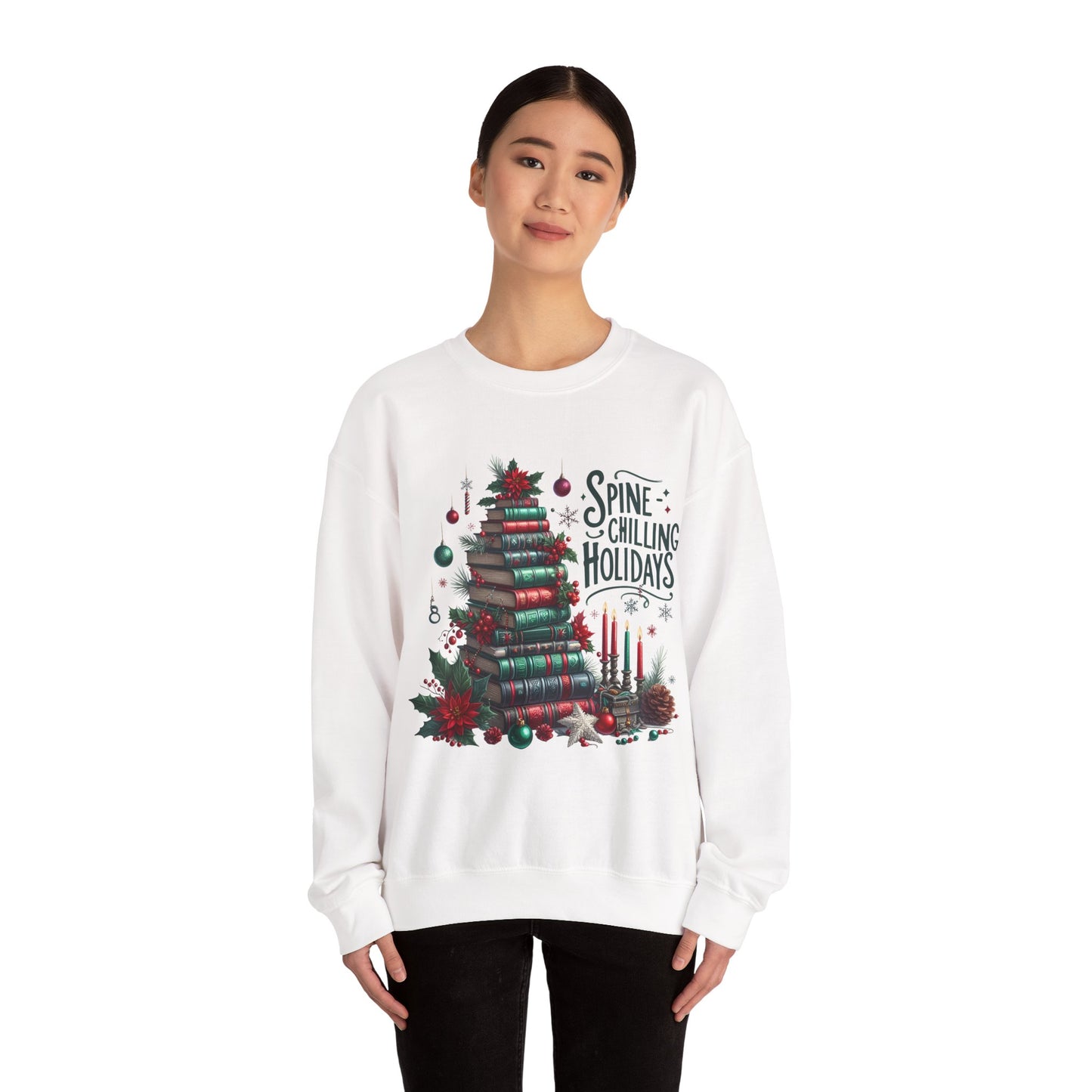 Sweatshirt — "Spine-Chilling Holidays" Book Stack Christmas Crewneck