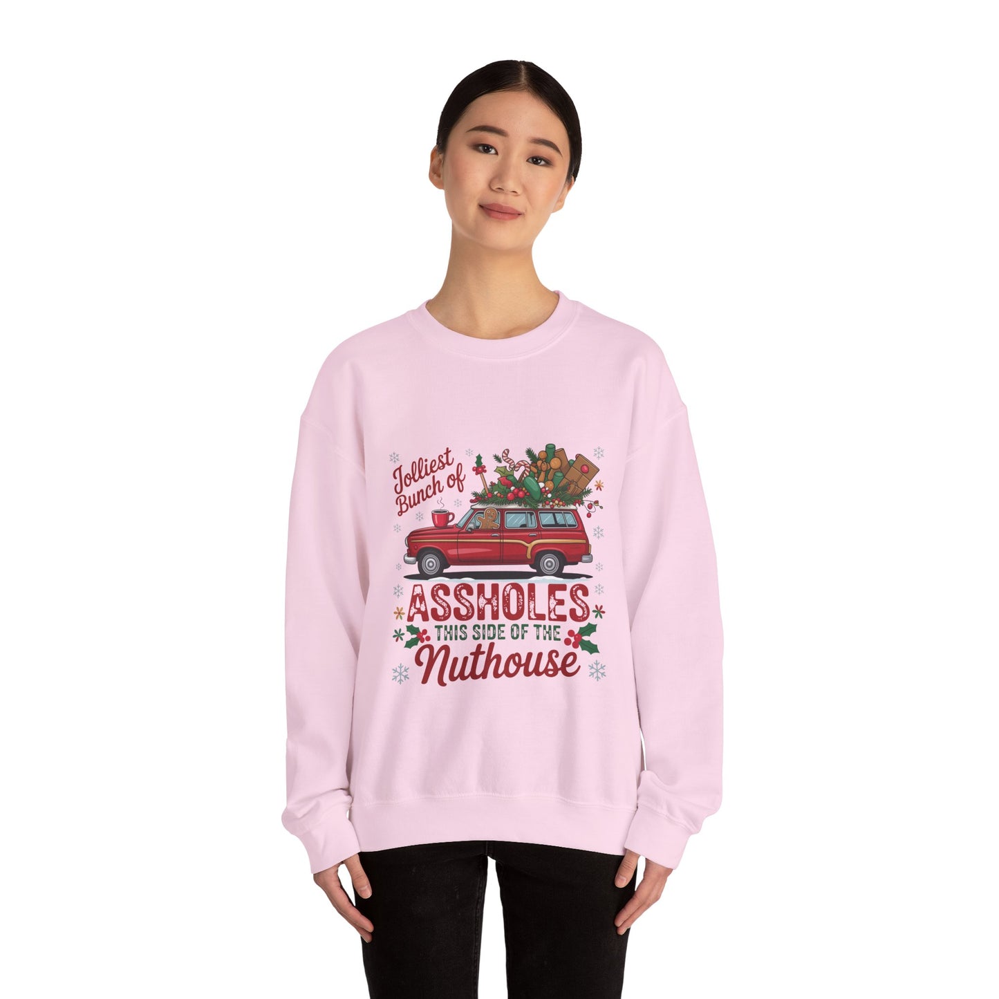 Holiday Crewneck Sweatshirt - "Jolliest Bunch of Assholes This Side of the Nuthouse" Vintage Car Christmas Design