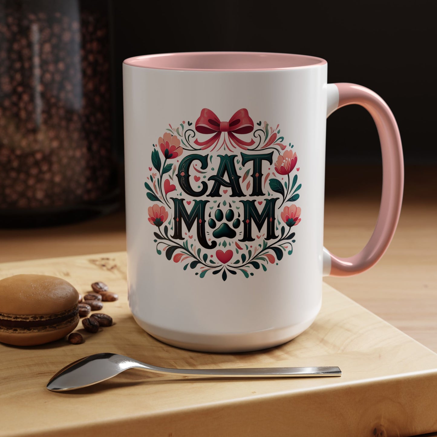 Cat Mom Floral Accent Coffee Mug – Cute Paw Print Gift (11/15oz)