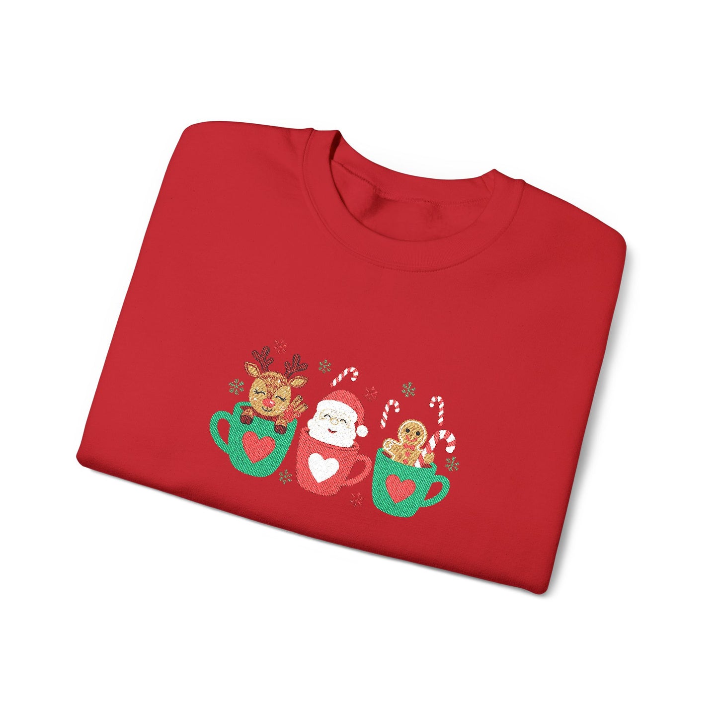 Christmas Mug Crewneck Sweatshirt – Santa, Reindeer & Gingerbread in Holiday Mugs