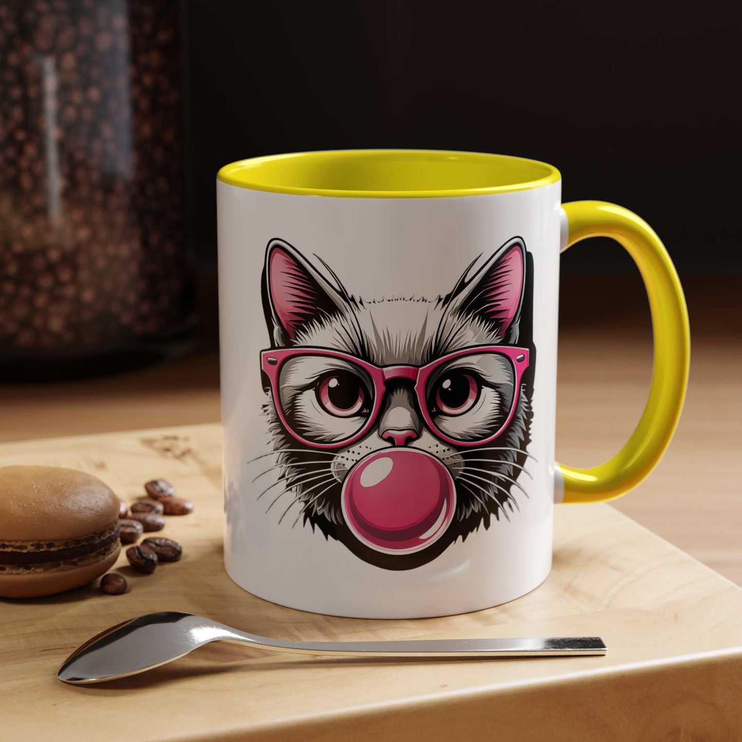 Cat with Pink Glasses & Bubblegum Coffee Mug — Cute Kitty Gift