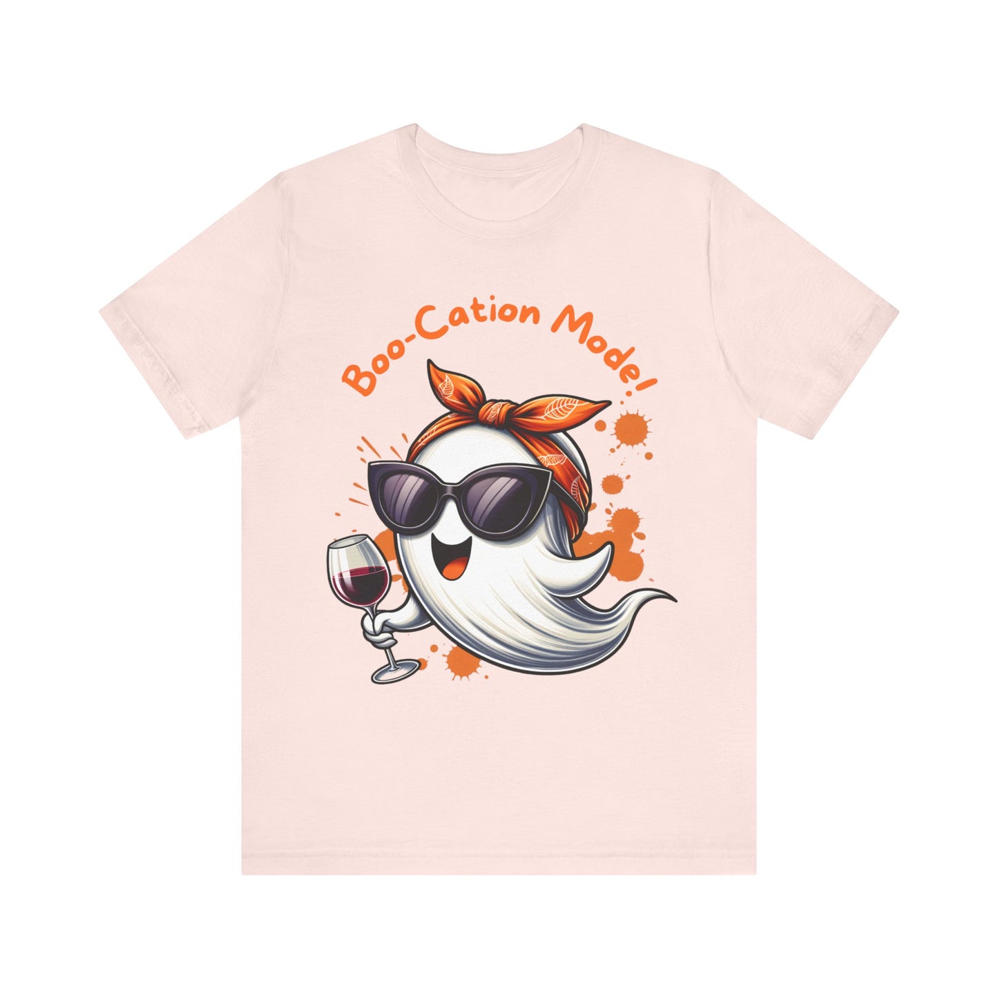 Boo-Cation Mode Ghost Tee | Fun Halloween T-Shirt, Unisex Short Sleeve Shirt, Cute Ghost Costume Top, Wine Lover Gift, Spooky Party Apparel