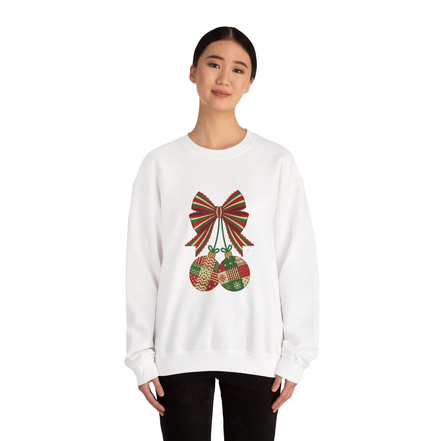 Christmas Ornament Crewneck Sweatshirt – Festive Bow & Patchwork Baubles