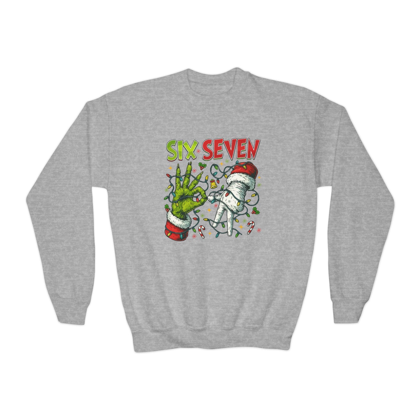Youth Crewneck Sweatshirt — 'Six Seven' Festive Grinch Holiday Graphic