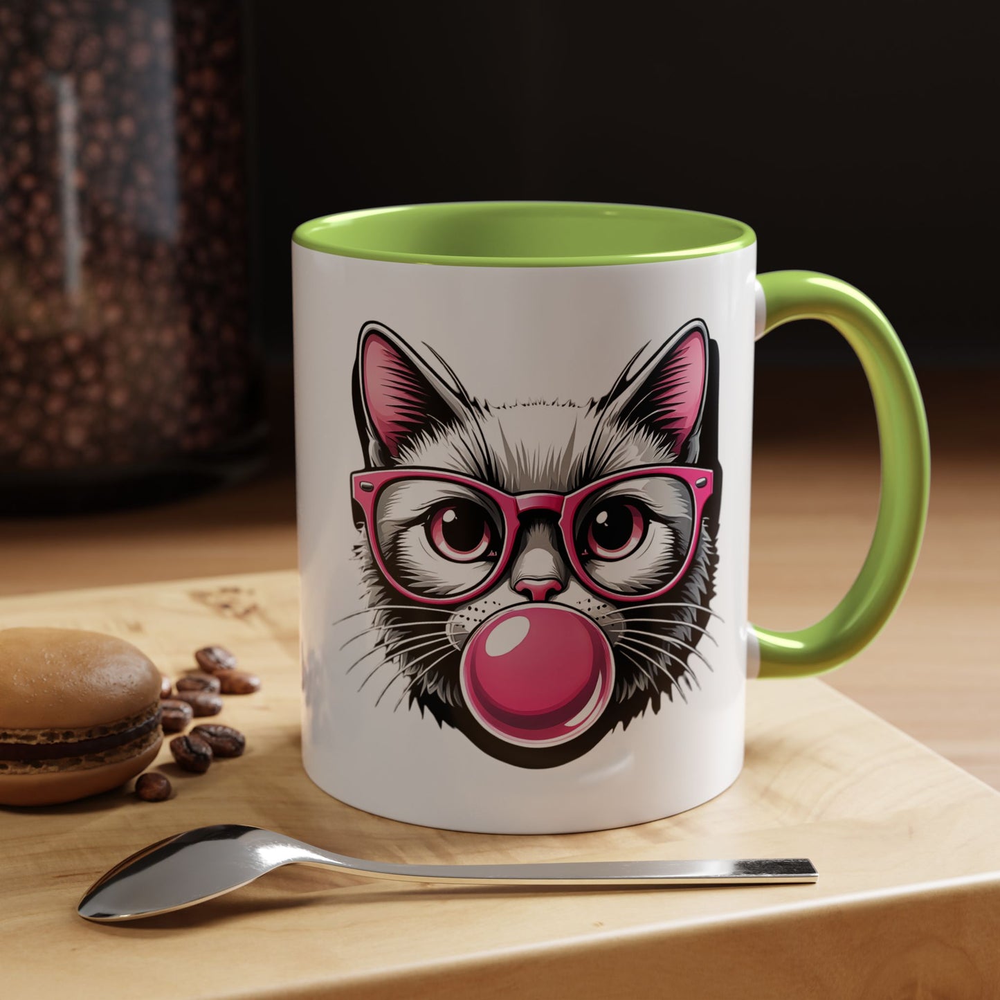 Cat with Pink Glasses & Bubblegum Coffee Mug — Cute Kitty Gift