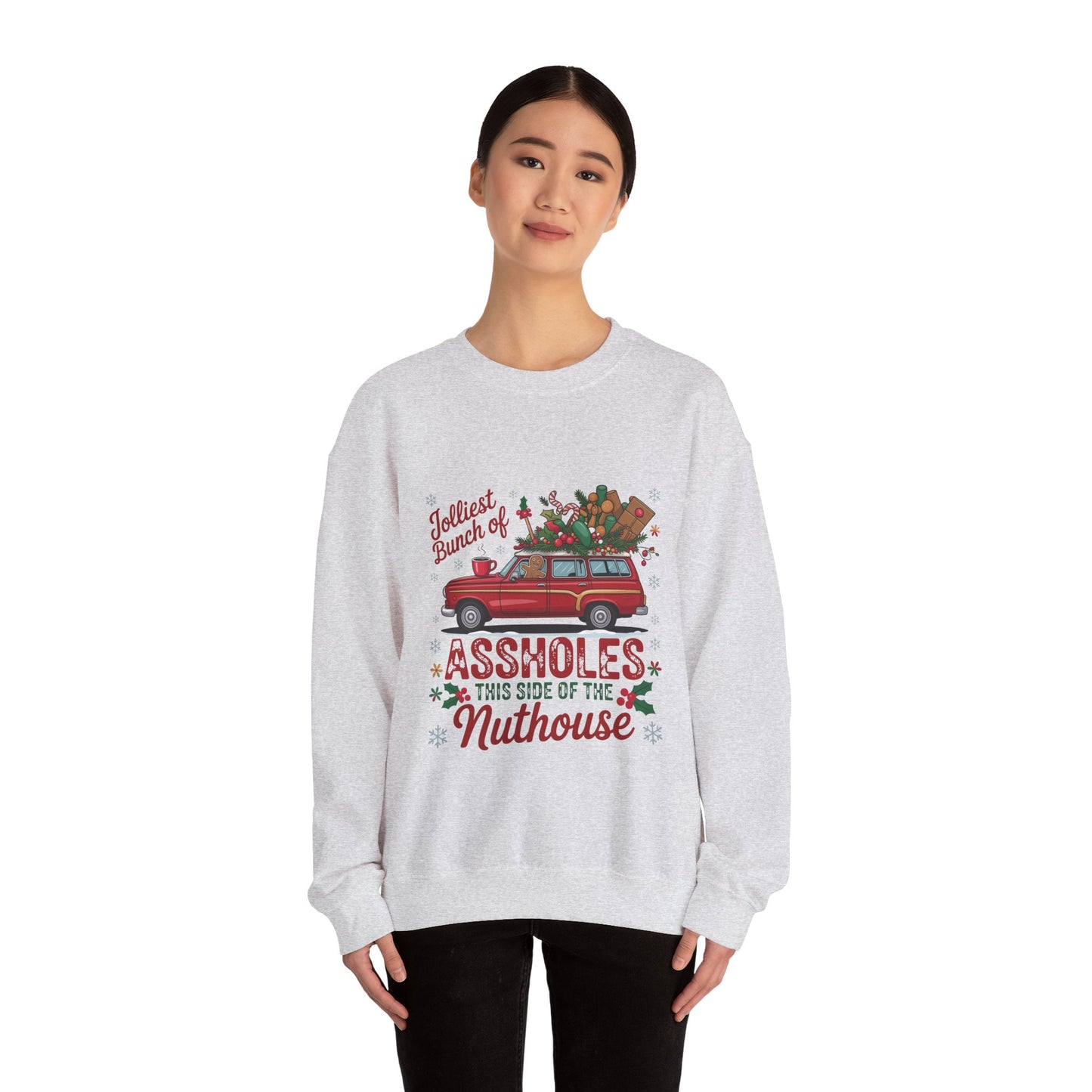Holiday Crewneck Sweatshirt - "Jolliest Bunch of Assholes This Side of the Nuthouse" Vintage Car Christmas Design