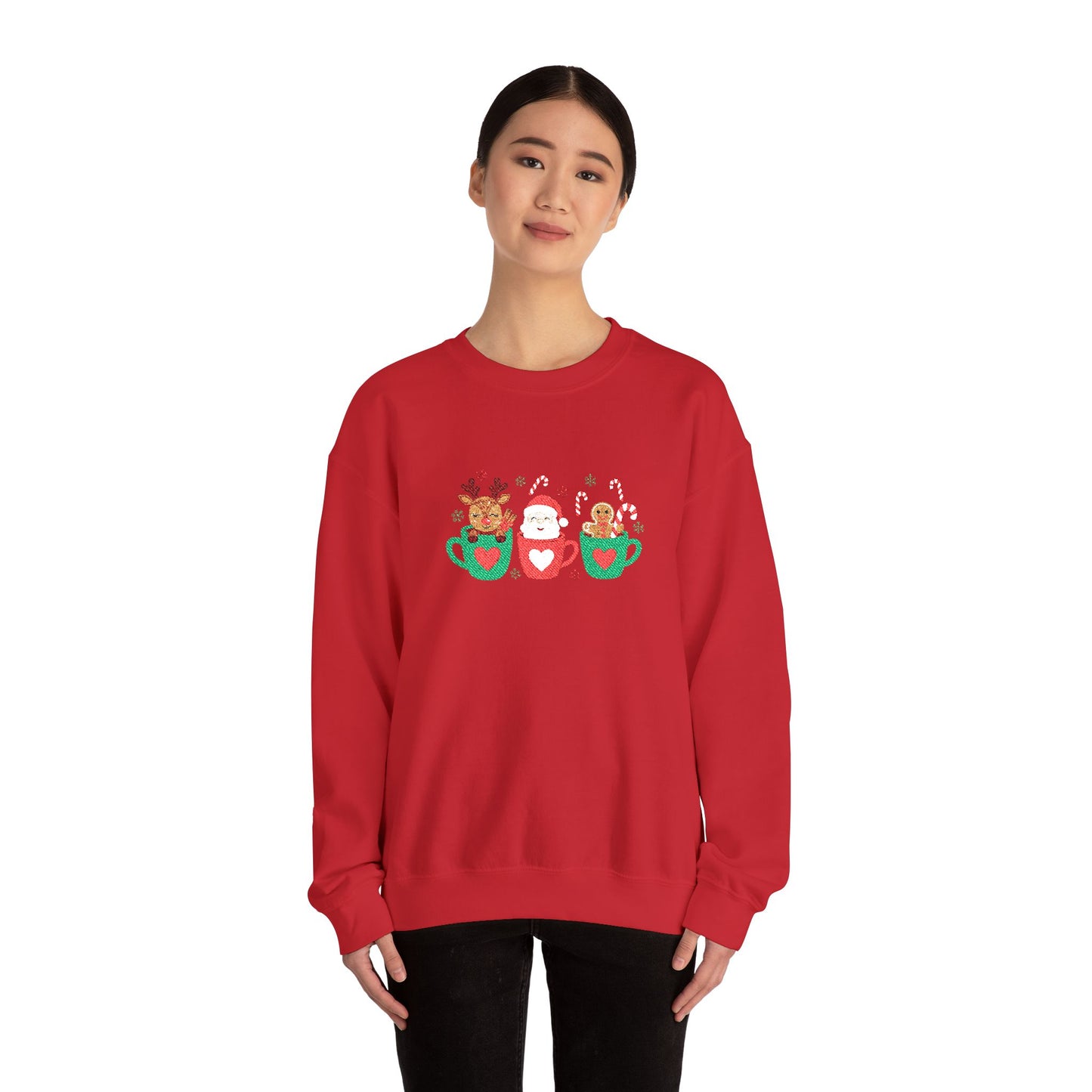 Christmas Mug Crewneck Sweatshirt – Santa, Reindeer & Gingerbread in Holiday Mugs