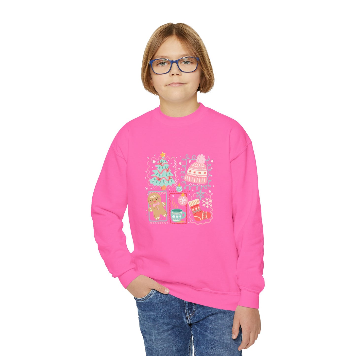 Youth Christmas Crewneck Sweatshirt — Cute Holiday Tree, Gingerbread & Stocking Design
